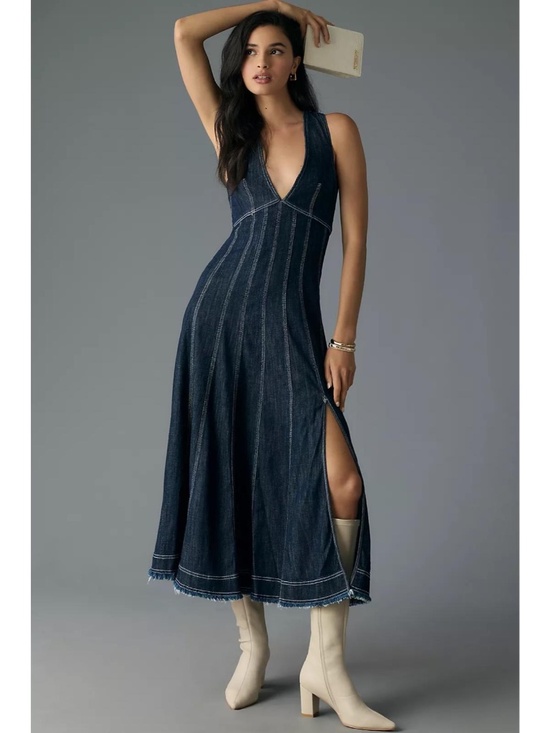 Anthropologie Dresses & Skirts - Pilcro Anthropologie Seamed V-Neck Denim Midi Dress